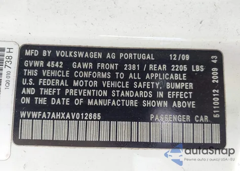 2010 Volkswagen Eos Lux z USA, uszkodzony, nr VIN WVWFA7AHXAV012665